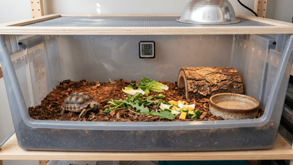 An indoor sulcata tortoise enclosure has to engineer everything the wild provides naturally. How to get lighting, heat, substrate, and space.