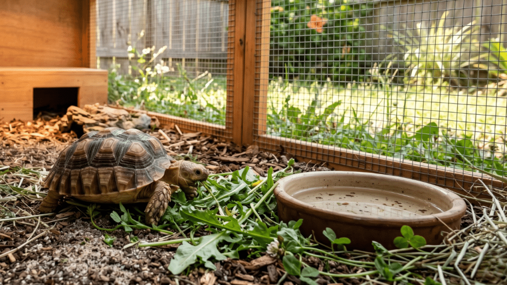 Setting up the right sulcata tortoise habitat is the biggest commitment in sulcata care. How to get space, substrate, temperature, and security right.