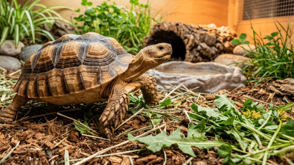 An indoor sulcata tortoise enclosure has to engineer everything the wild provides naturally. How to get lighting, heat, substrate, and space.