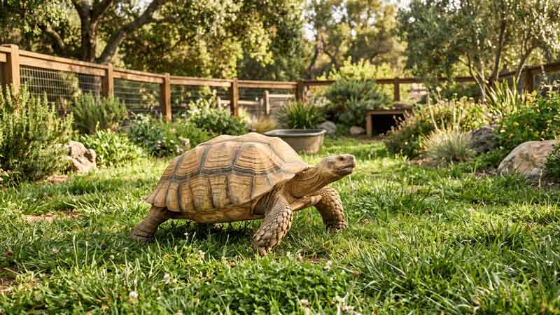 An sulcata tortoise outdoor enclosure has everything the wild provides naturally. Here's exactly how to get lighting, heat, substrate, and space right.